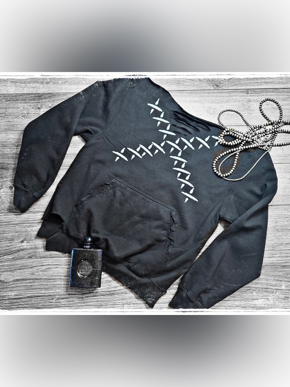 Black Distressed Pullover Hoodie with Stitched Cross Detail
